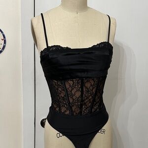 Cami NYC Black Lace and Satin Corset Bodysuit
